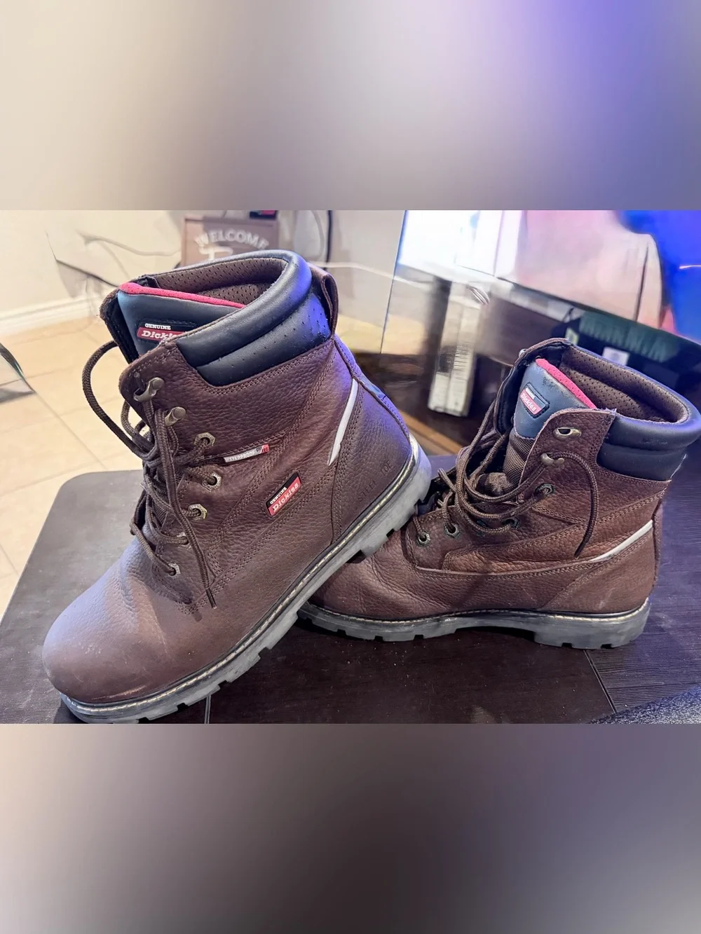 Steel Toe Dickies Brown Men’s Work Boots with Black Collar and Red Trim